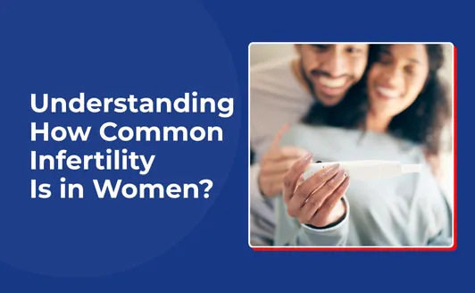 Blue banner with the question 'Understanding How Common Infertility Is in Women?' next to a photo of a smiling couple looking at a pregnancy test in a framed inset.