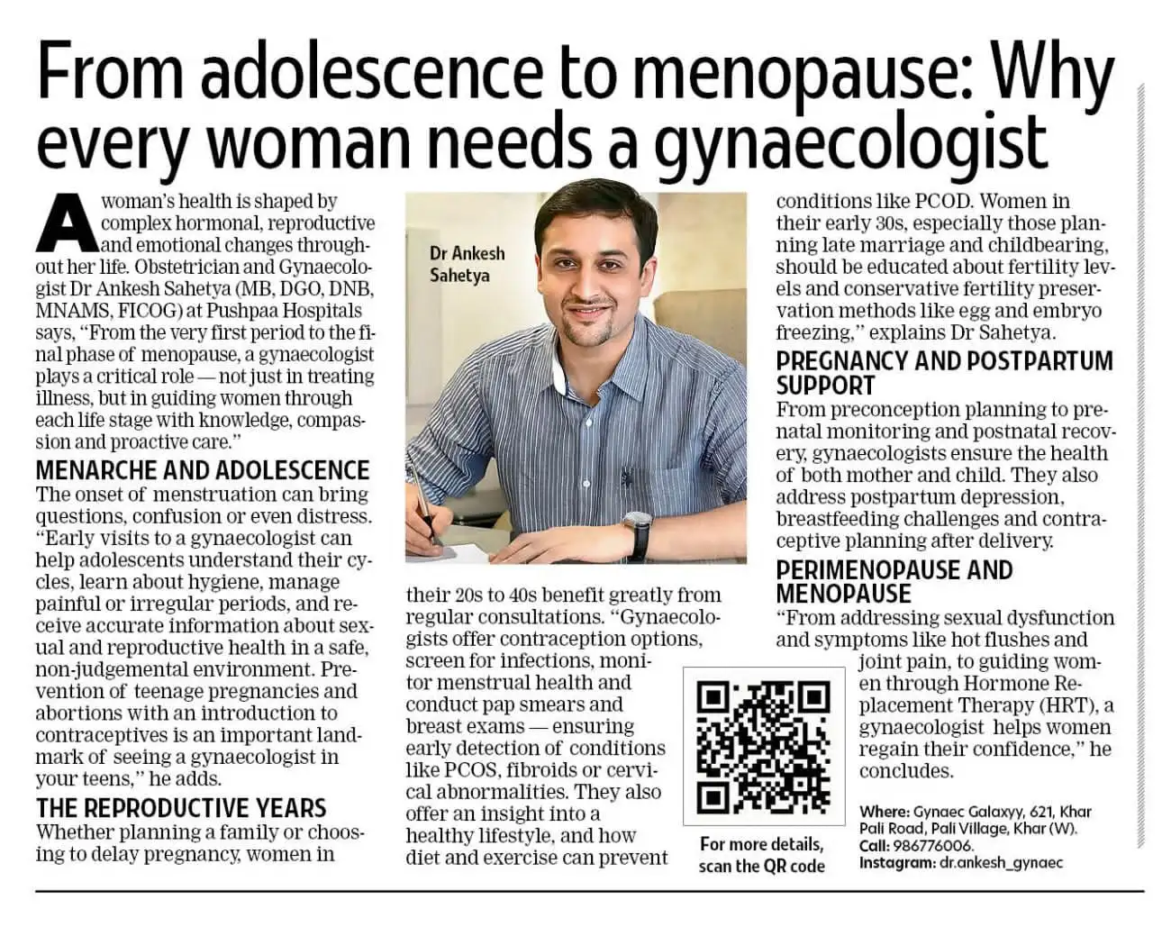 Newspaper feature titled 'From adolescence to menopause: Why every woman needs a gynecologist' with a photo of a smiling male doctor at a desk and a QR code beside the text columns.