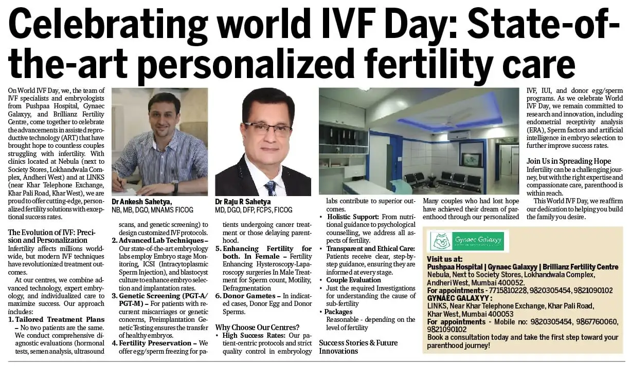 Newspaper-style feature about World IVF Day celebrating personalized fertility care, with portraits of two doctors and a clinic interior image.